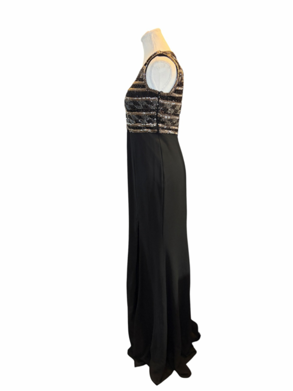 Adrianna Papell Black Gold Beaded Sequin Open Back Evening Gown Size 8 - Picture 4 of 9